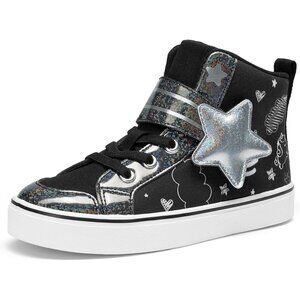 Kid's Girls Sneaker Hook Loop Sparkly Shiny Star Comfortable Casual Black Shoes